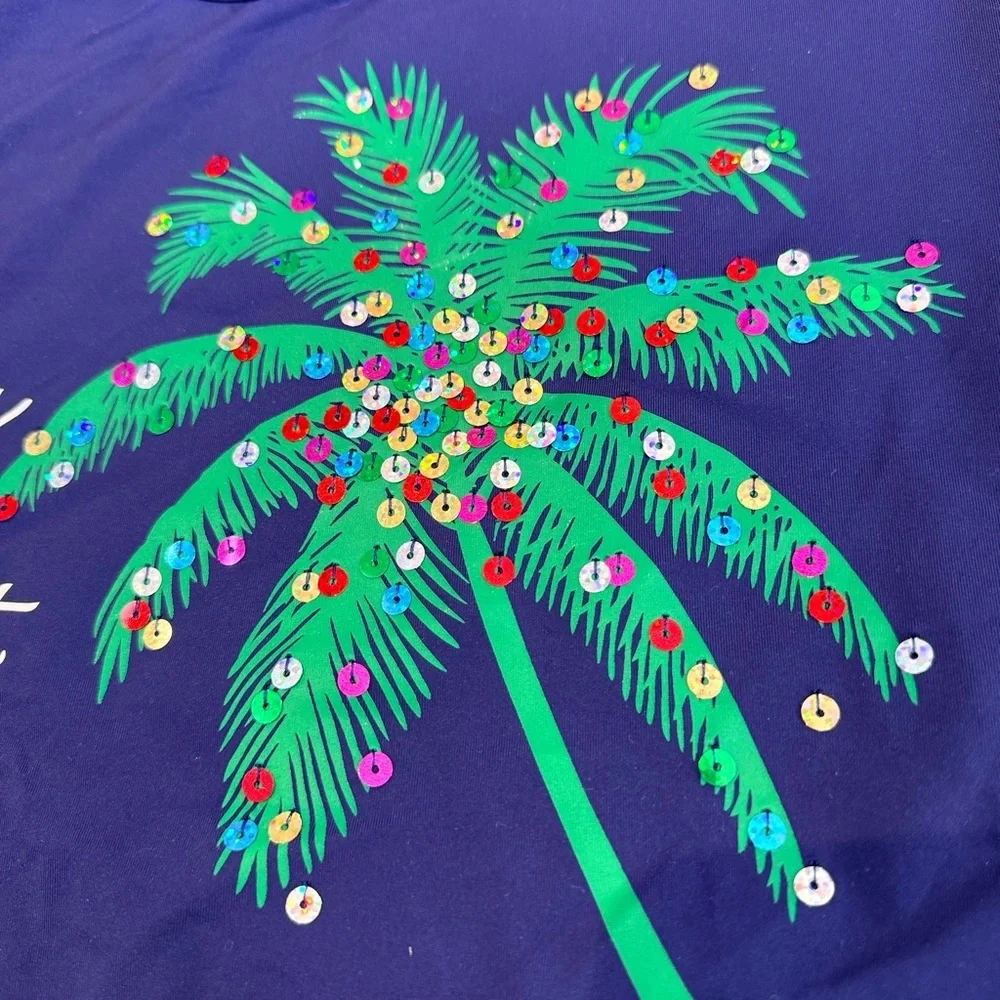 🎄Palm Tree Sequins ‘Beachy n Bright’ Swim Top Rash Guard XL Beach Land’s End